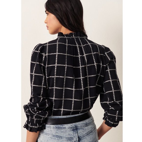 Ba&Sh  Patsy Ruffle Cotton/Linen Plaid Blouse Black & White Size XS - Picture 3 of 10